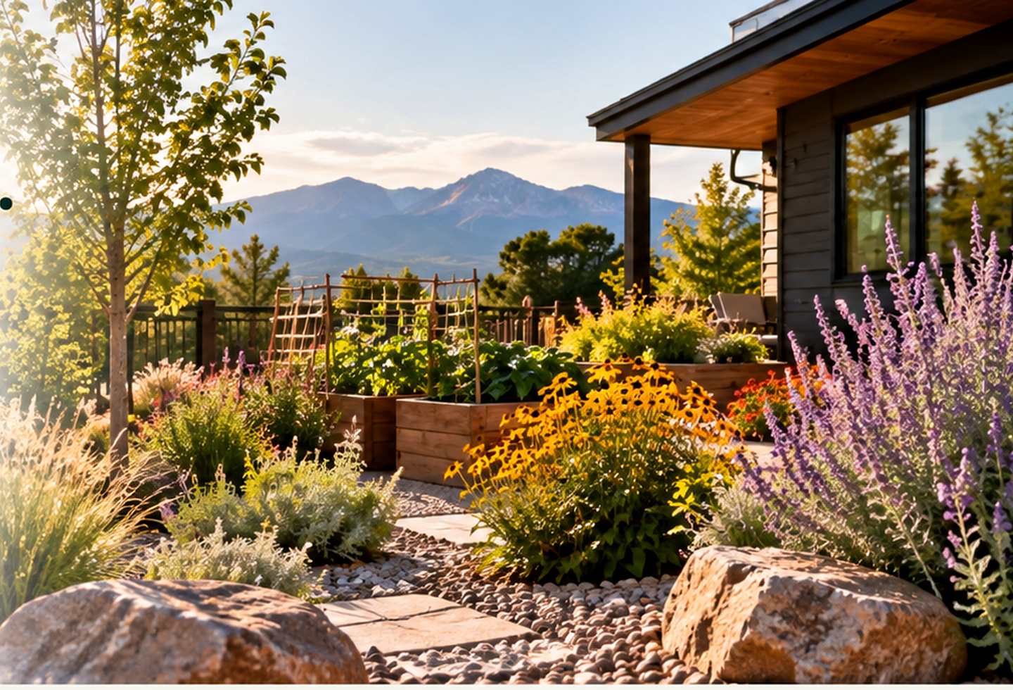 Water-wise Colorado landscape with native plants, stone pathways, raised garden beds, and mountain views